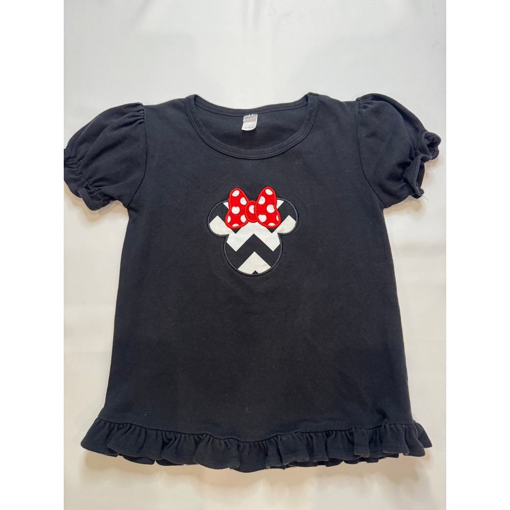 Monag Minnie Mouse Top Kids Size 8 Black Good Ruffle Puff Sleeve Chevron‎ Bow